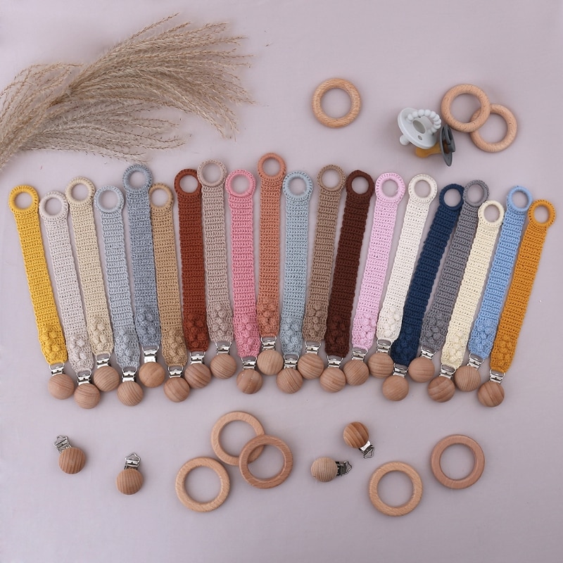 Handmade Crochet Pacifier Clip Beech Cotton Baby Pacifier Chain Holder Teething Toy Chew Dummy Clip for Girl Boy