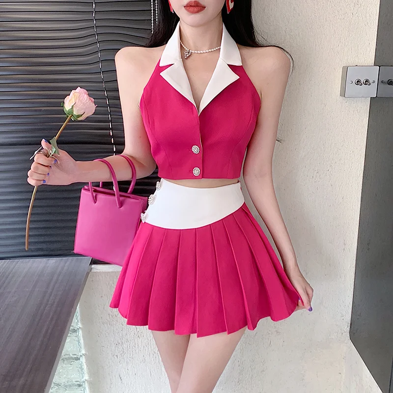 New Fashion Suit Summer Halter Neck Crop Top + High Waist Irregular Patchwork Pleated Skirt Two piece Set Korean Women's Cl