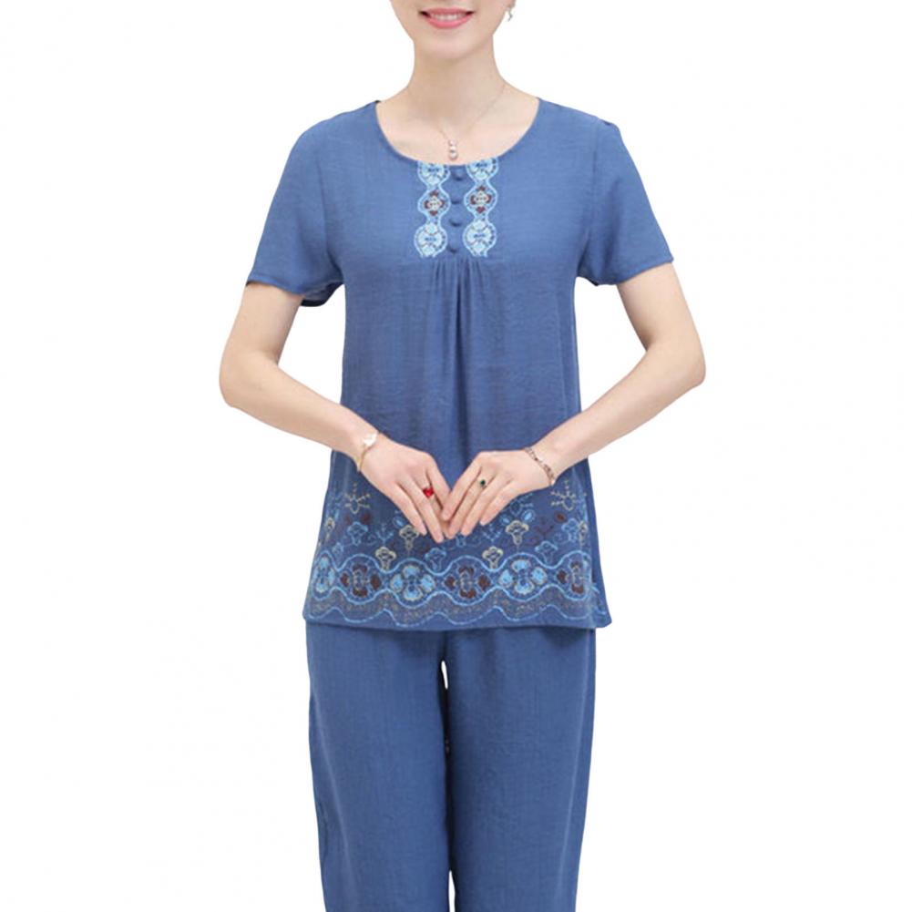 Women T-shirt Pants Set O Neck Short Sleeve Elastic Waist Wide Leg Pants Set Loose Sleepwear Women conjuntos de pantalón