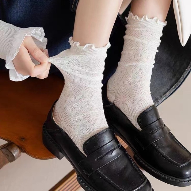 2 Pairs Mesh Socks Women's Solid Color College Style Silk Socks Medium Sleeve Socks JK Socks ins Fashion Summer Thin Heap S