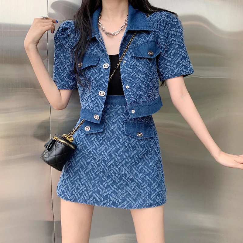 Small Fragrant Style Denim Skirt Suit Summer New Women's Stylish Skirts 2 Pieces Sets Women Outfits Two-piece Ladies Outfit