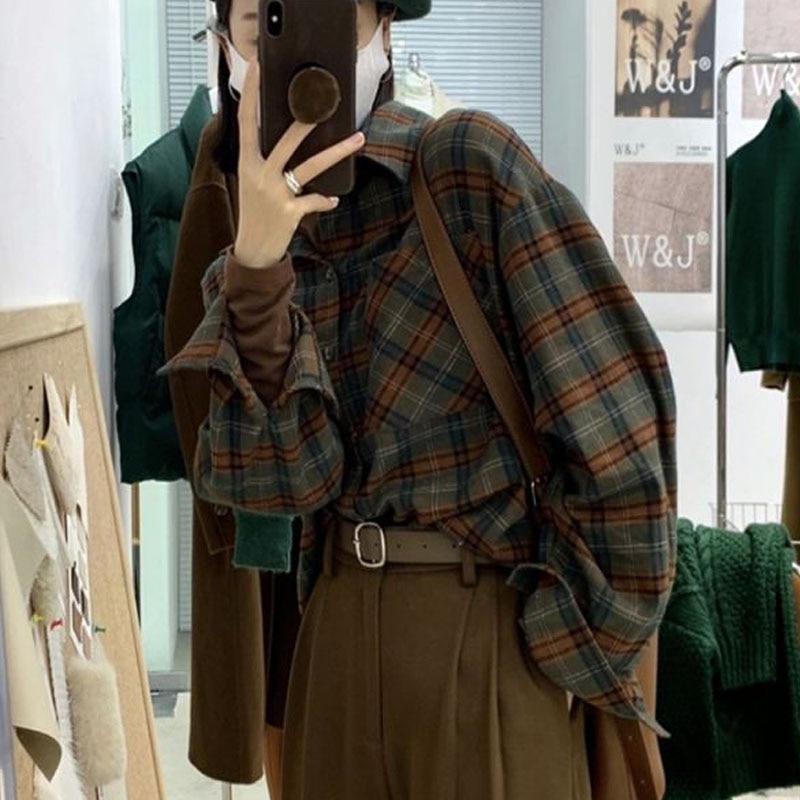 QWEEK Vintage Women's Plaid Shirt Oversized Blouse Korean Fashion Long Sleeve Top Female Elegant Green Spring Clothes Y2k P