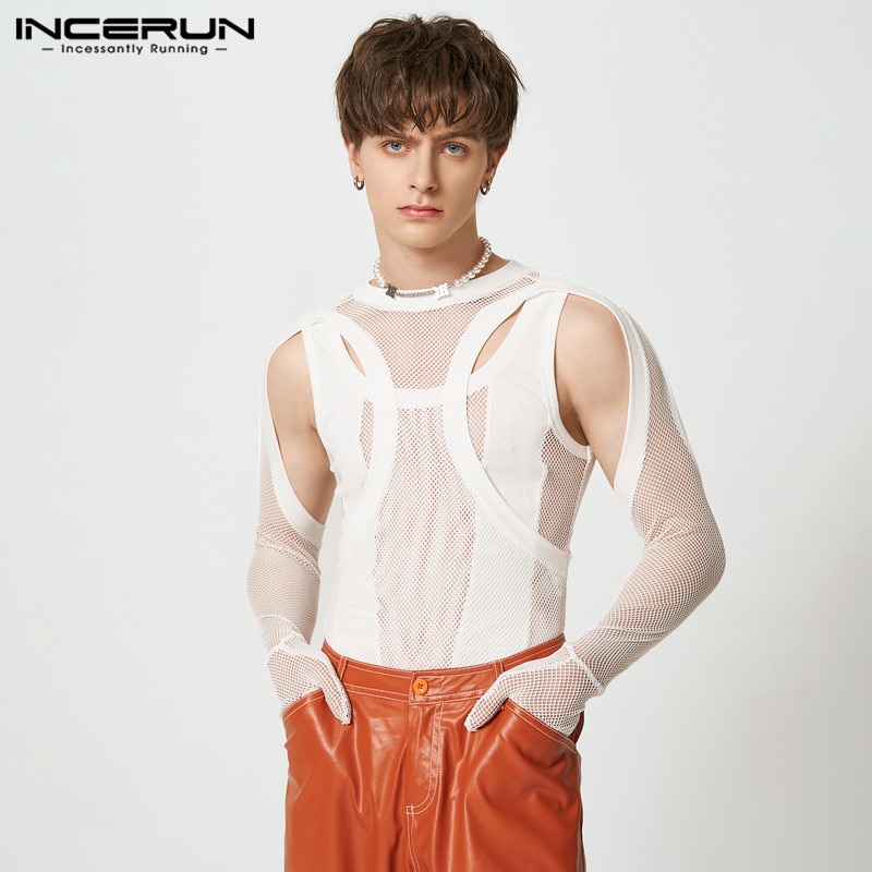 Fashion Casual Rompers INCERUN New Men See-through Mesh Knitted Hollow Design Homewear Male Long Sleeve Triangle Bodysuits S-5XL