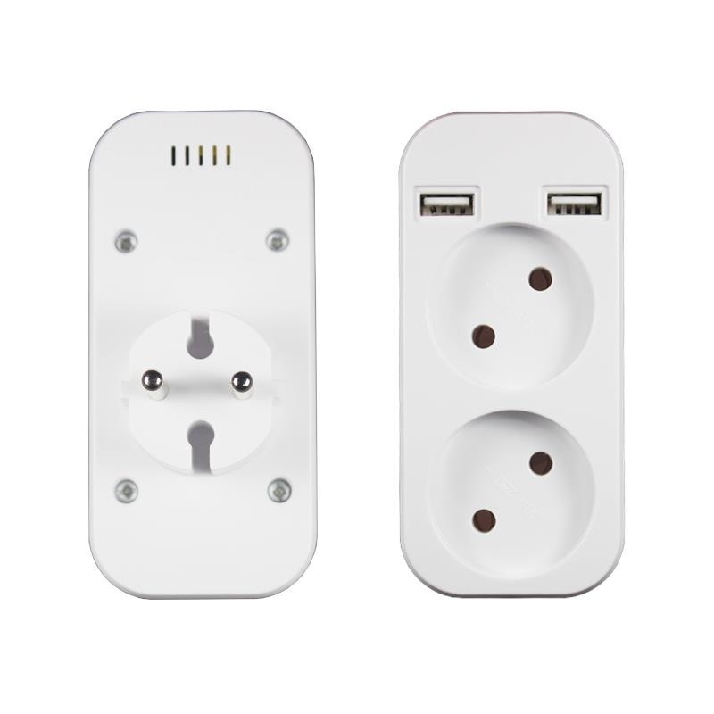 European Style Dual Socket with Dual USB 5V 2A Output, Plug Adapter