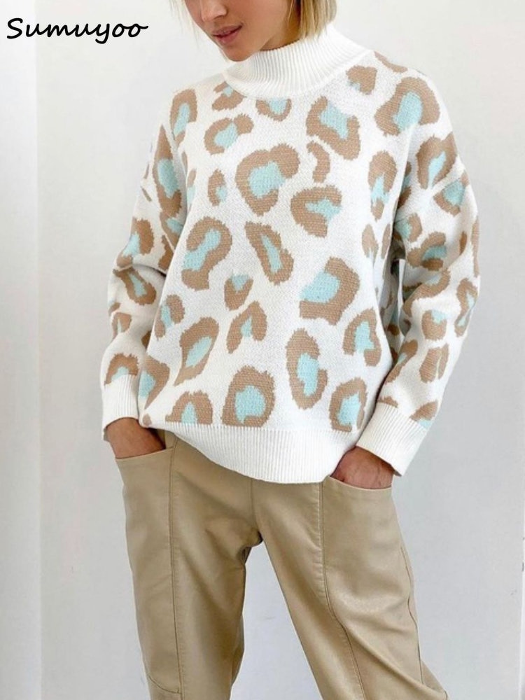 Sumuyoo Winter Women's Sweater 2023 Leopard Print White Turtleneck Oversize Jumper Vintage Warm Knitted Sweaters for Women