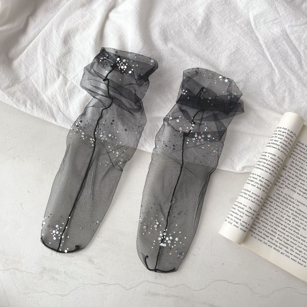 Women Socks Transparent Shiny Crystal Silk Lace Elastic Medium Tube Socks Elegant Ladies Rhinestone Sock See Through Mesh Sock