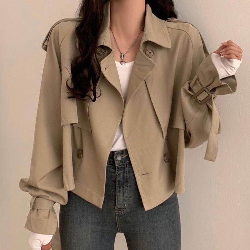 Korean Autumn Vintage 2023 Temperament Suit Collar Double Breasted Loose Chic Cuffs Women'S Short Coat
