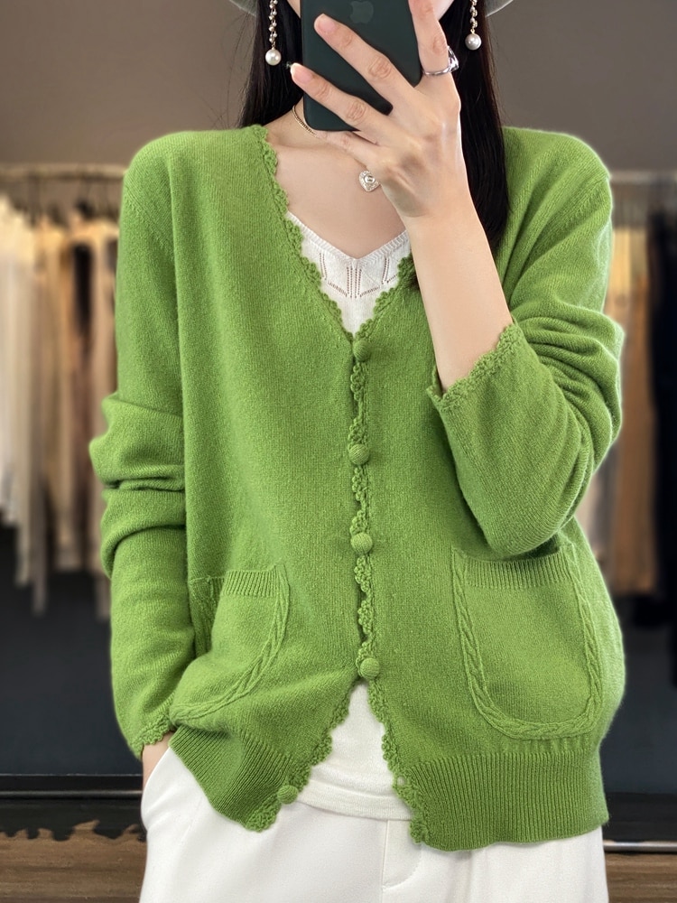 Spring New 100% Pure Cashmere Cardigan Women's V-Neck Handmade Hook Flower Loose Solid Color Wool Knitted Sweater Top Cloth