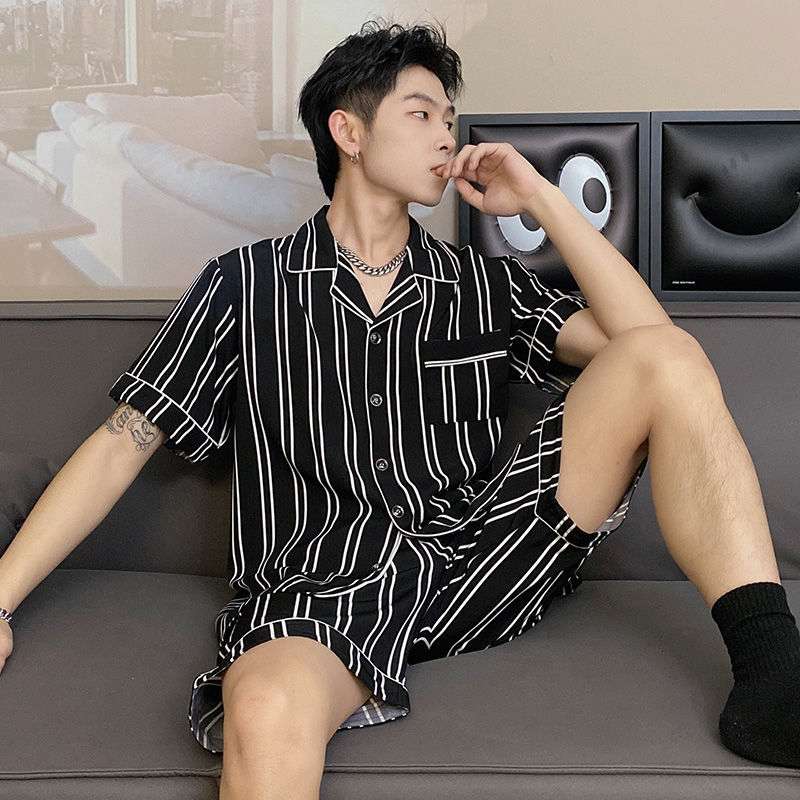 Ice Silk Pajamas Men's Summer Thin 2023 New Outwear Short Sleeve Summer Silk Home Furnishing Set