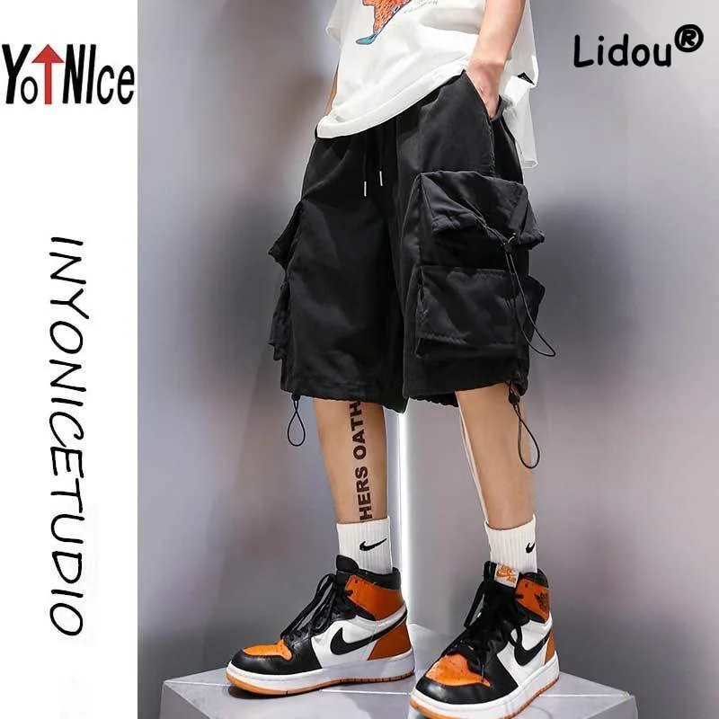 Fashion Solid Color Personality Multiple Pockets Men's Cargo Shorts New Classic Waist Drawcord Street Casual Male Short 202