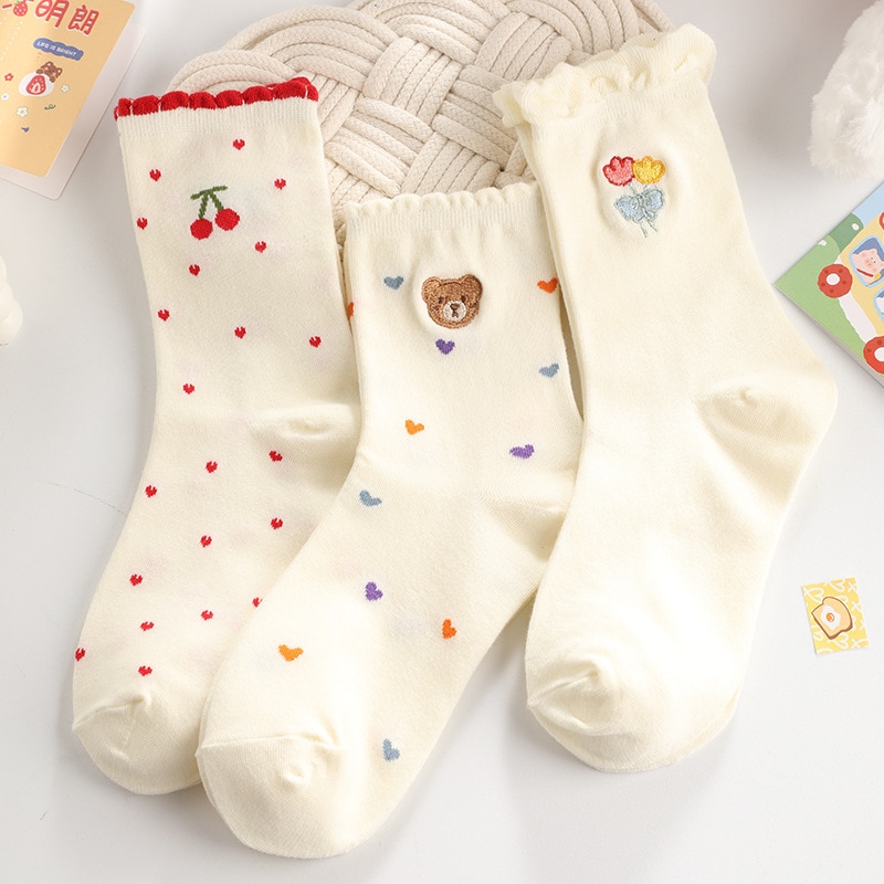 Women Socks Cotton Ins Tide Wholesale Cartoon Bear Cherry Flower Embroidery Cute Kawaii Thin Lolita Ruffles Socks For Girls Gift