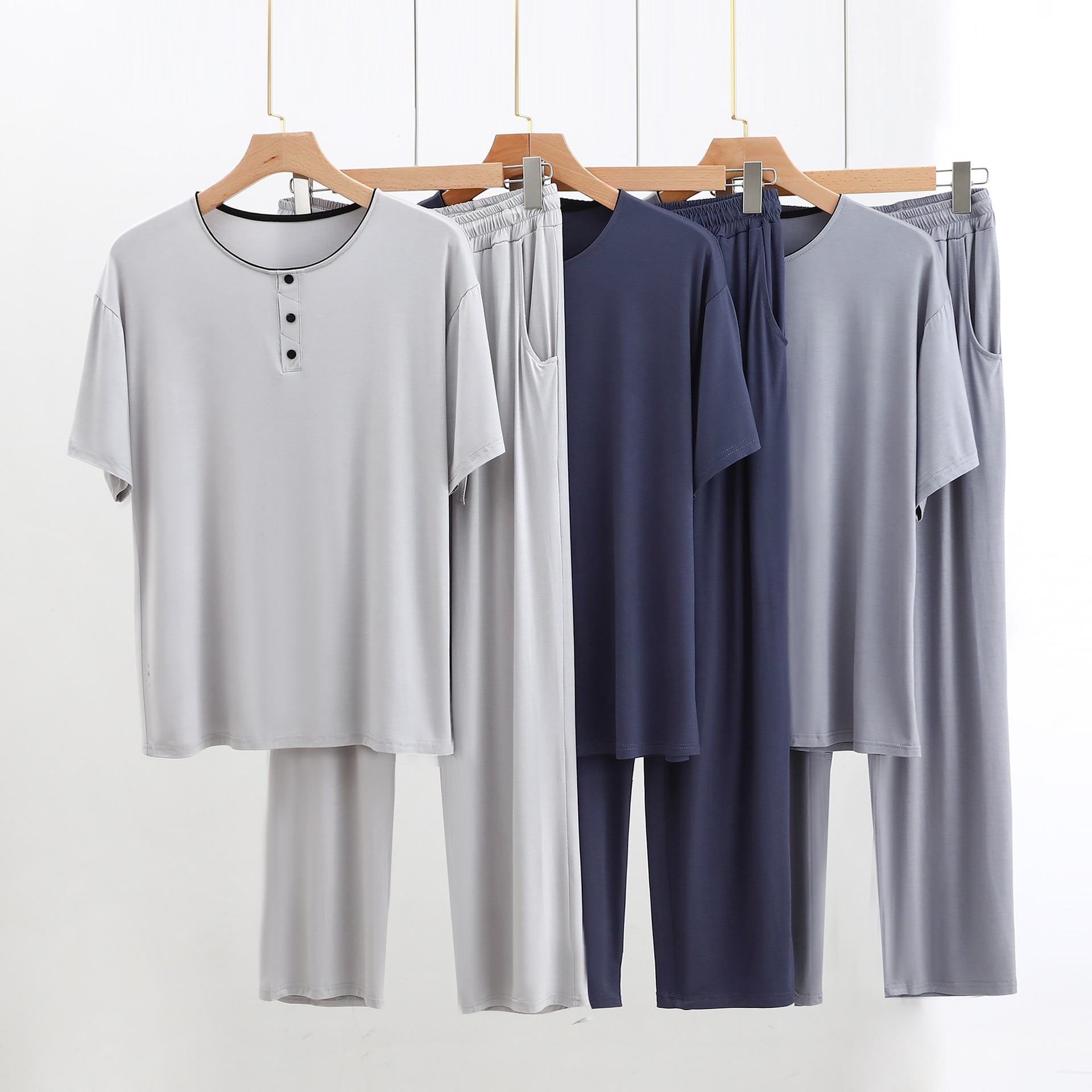 Modal Fabric Men's Up Button Short-Sleeved Sleep Tops and Long Trousers 2pcs Homewear Suit Pajamas Roomwear Pijamas Men Set