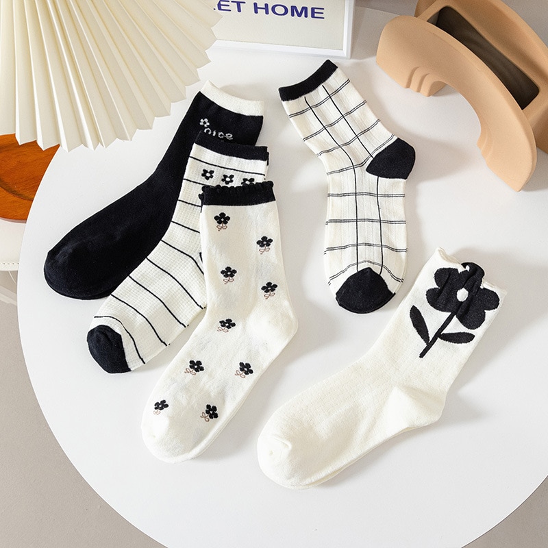 Socks Summer Black White Flower Print Mesh Breathable Cotton Short Socks Female Cute Kawaii Calcetines Mujer Sweet Lolita Sox