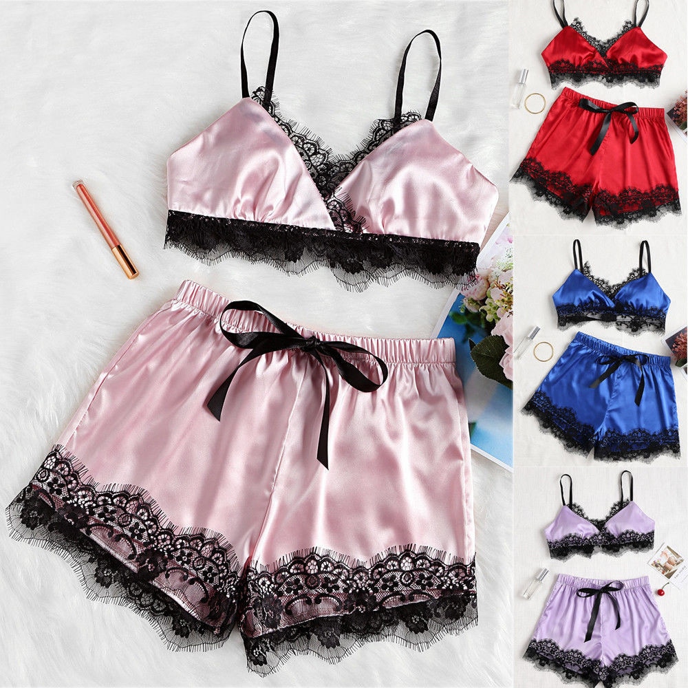 Women Sexy Spaghetti Strap Lace Pajama Set Sleeveless Pyjamas Sleep Shorts Set Lace Pijama Suit Sleepwear Lingerie sexy Female
