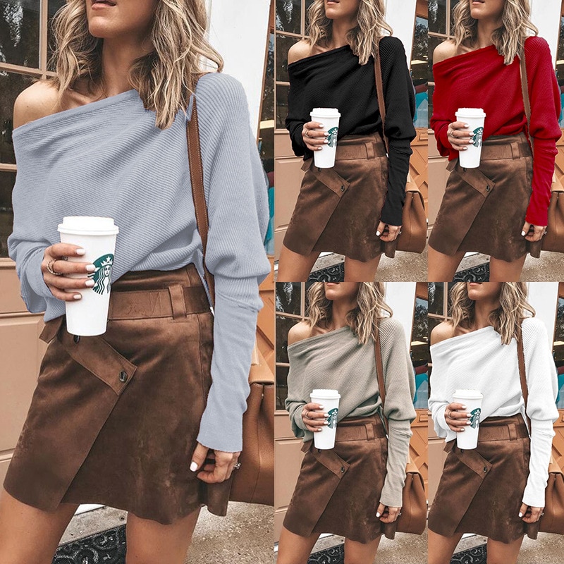 Sweater Famale Women's Bat Long Sleeve Straight Neck T-shirt Top Fashion 2023 Autumn Winter Hot Sale Nrw Arrvial Purity 3XL