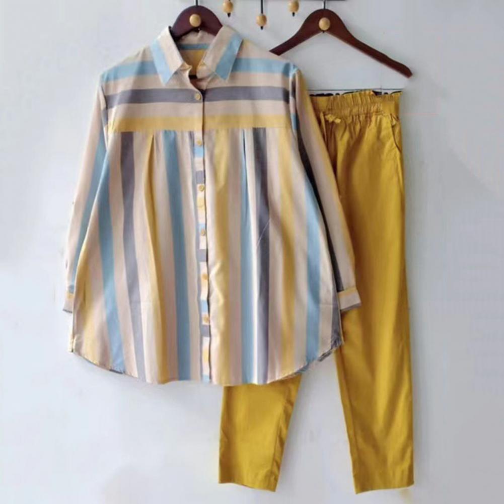 Stylish Shirt Trousers Set 3D Cutting Loose Outfit Single Breasted Striped Print Loose Shirt Casual Trousers Set Workwear
