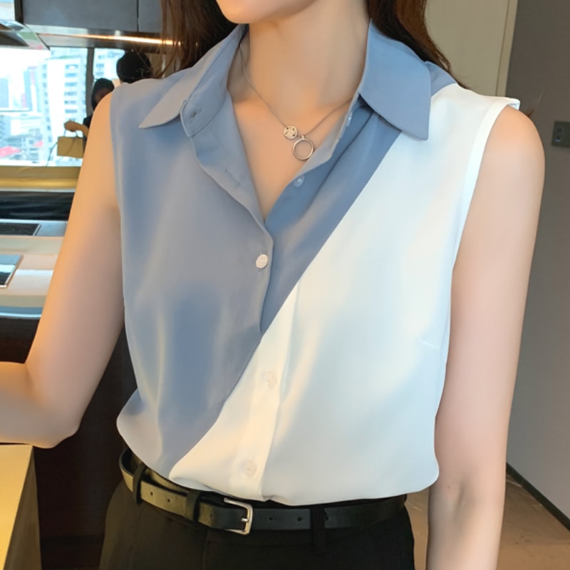 Fashion Summer Woman Sleeveless Chiffon Blouse Elegant Youth Office Lady Shirt 2023 Patchwork Casual Polo-Neck Vest Top 25368