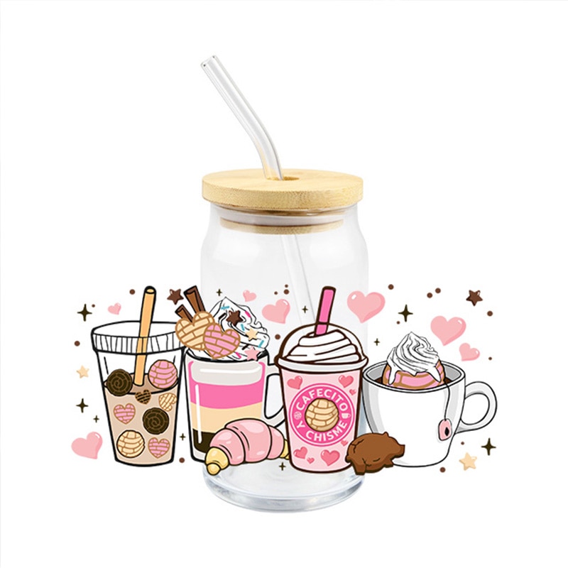 Coffee Cups Uv Dtf Transfer Wrap Sticker Diy 16 Oz 20 Oz 24 Oz Glass Cans Popular Heart Shape Element Design Waterproof Decals