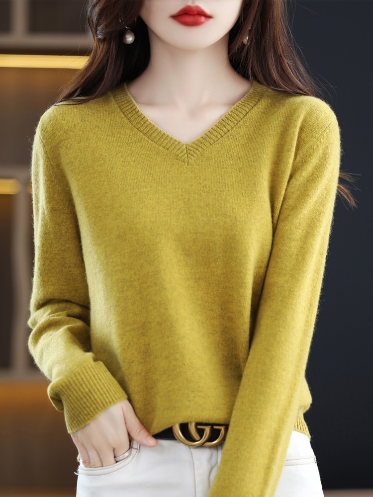 100% Pure Wool Cashmere Sweater Women's V-Neck Pullover Autumn and Winter New Fashion Knitted Loose Female Tops