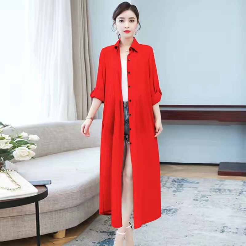 Women's Summer Cardigan Chiffon Shirt Loose Long Plus Size Shirt Solid Beach Coat