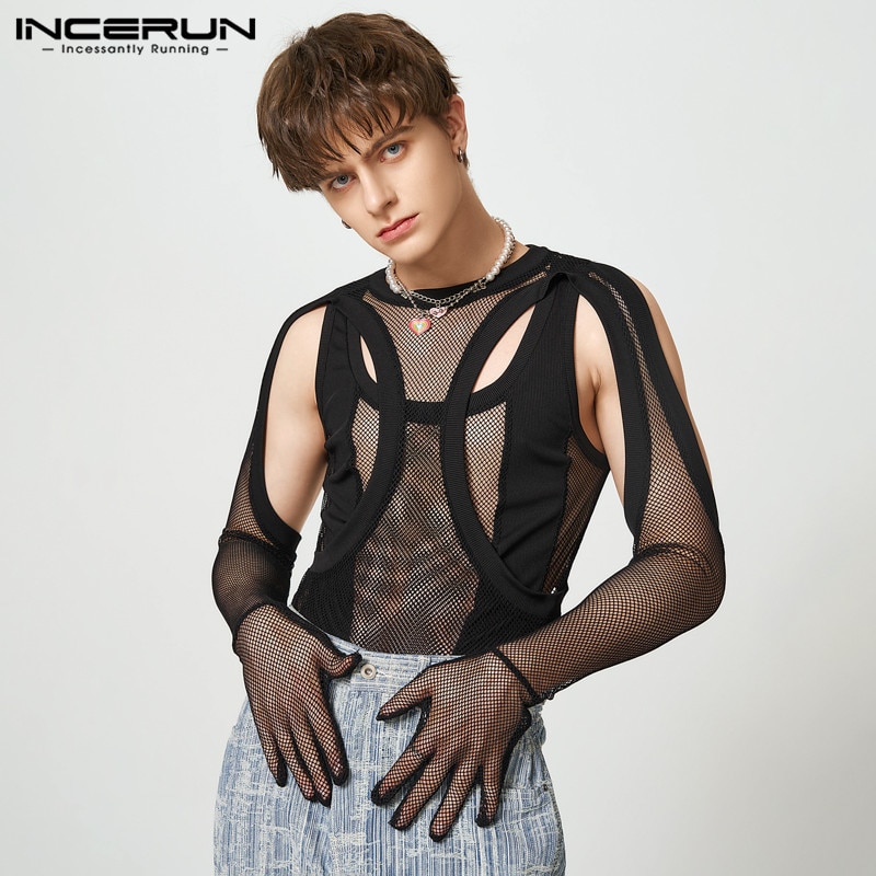 Fashion Homewear Rompers INCERUN Men's Breathable Mesh Knitted Hollow Design Jumpsuit Male Long Sleeve Triangle Bodysuits S