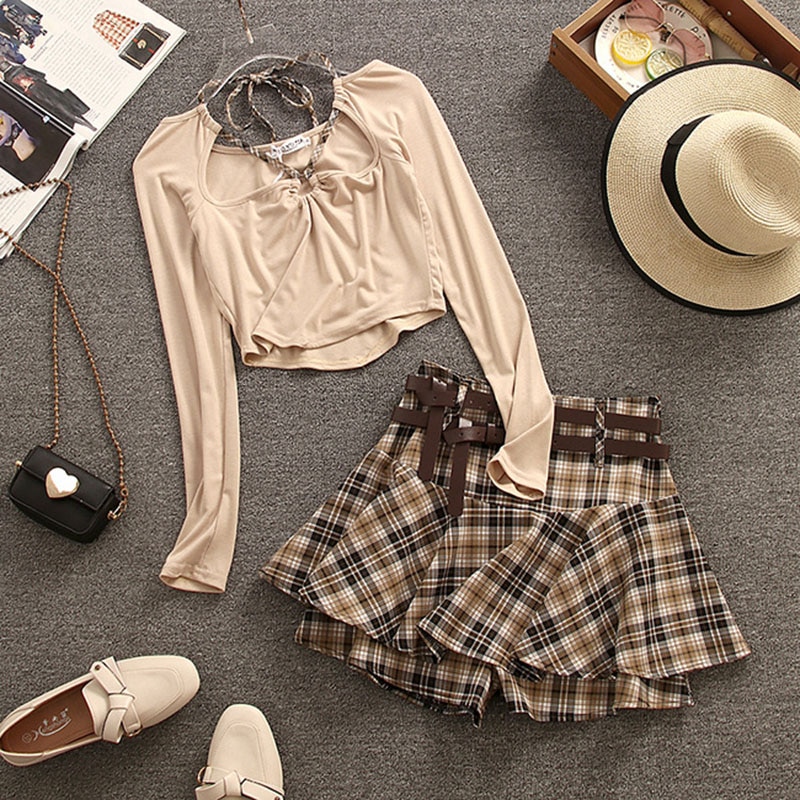 Spring Summer Plaid Two-piece Set Women Lace-up Long-sleeved Tops A-line Skirt Suit Casual Fashion Slim Hollow T-shirt Skirts