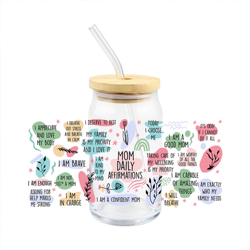 Mom Daily Affirmations UV DTF Transfer Waterproof For Glass Cups Cans Asking For Help Makes Me Strong DIY Bottles Easy To Use