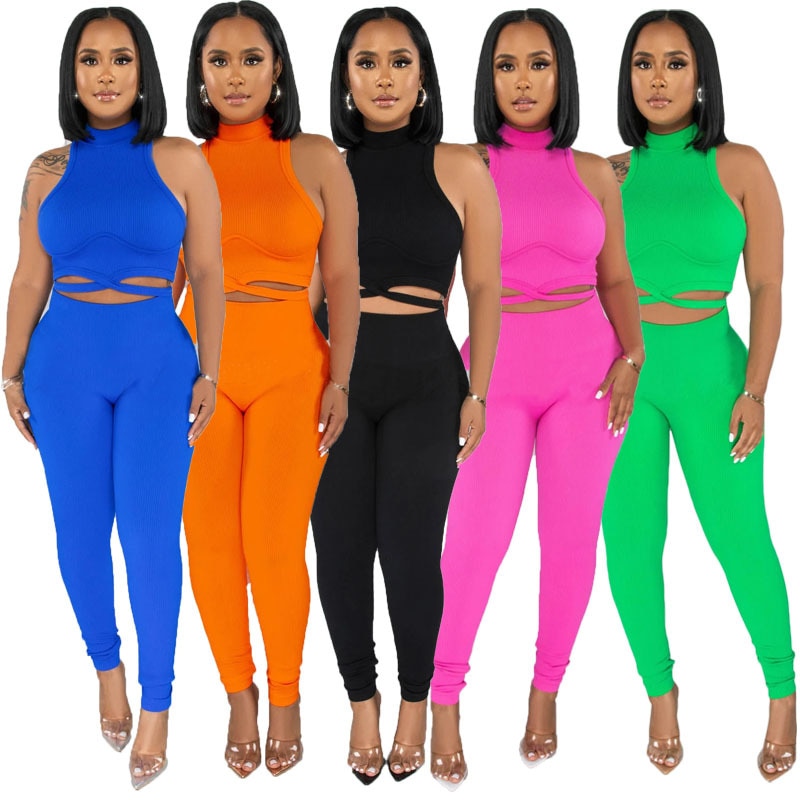 Drop Shipping Fahion Women Two Pieces Set for Sport Sleeveless Hollow Out T Shirt High Stretchy Pants Casual Outfits 2023