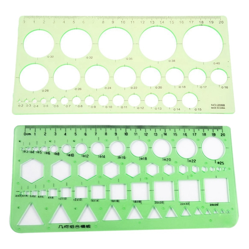 Green Plastic Students Rectangle Shape Drawing Circle Template Ruler & Circles Squares Hexagons Geometric Template Ruler 0-2