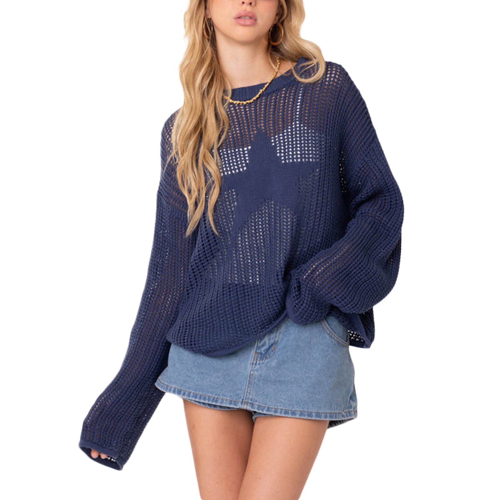 Women's Tube Top Spring Autumn Knit Tops Blue Long Sleeve O Neck Star Print Hollow Sweater Women's Sweatshirt Summer C