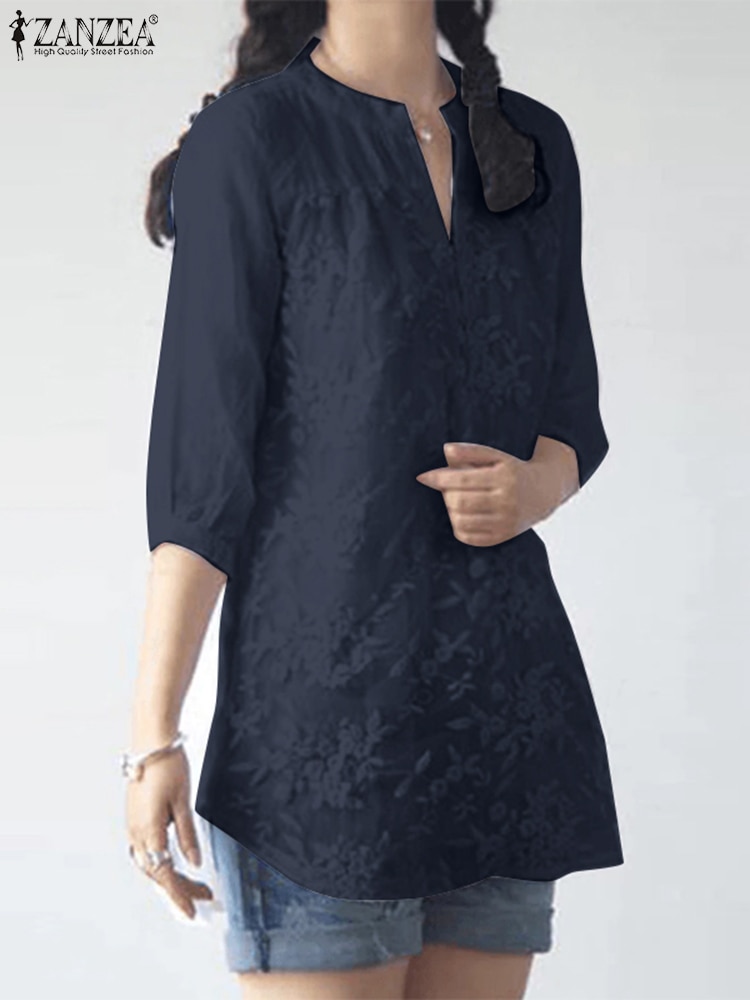ZANZEA Female Fashion Casual Blouse Floral Embroidery Patchwork 3/4 Sleeve Tops Elegant Loose Chemise V-Neck Holiday Shirt 2023
