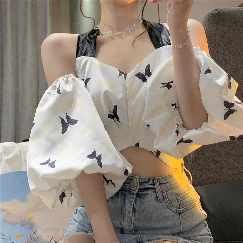 Slim Waist Slash Neck Halter Blouse Sexy Hot Sleeveless Crop Tops Backless Shirts Summer Short Butterfly Print Chemise Femme