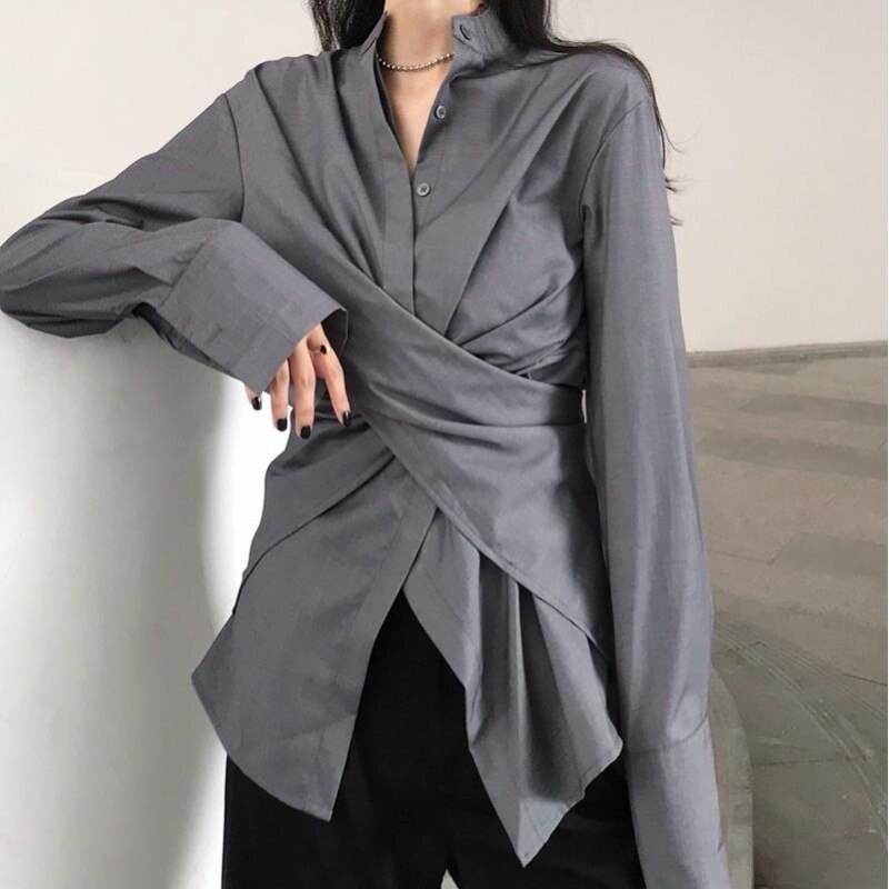 Chic Bf Loose Irregular Cross Bandage Tops White Shirts Women Mid Length Streetwear Solid Camisas Casual Long Sleeve Blouse