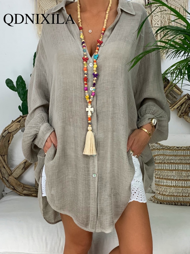 Women's Shirt & Blouse Long Sleeve Oversize Linen Shirt Women White Button Down Shirt Loose Casual Cotton Blouse Womens