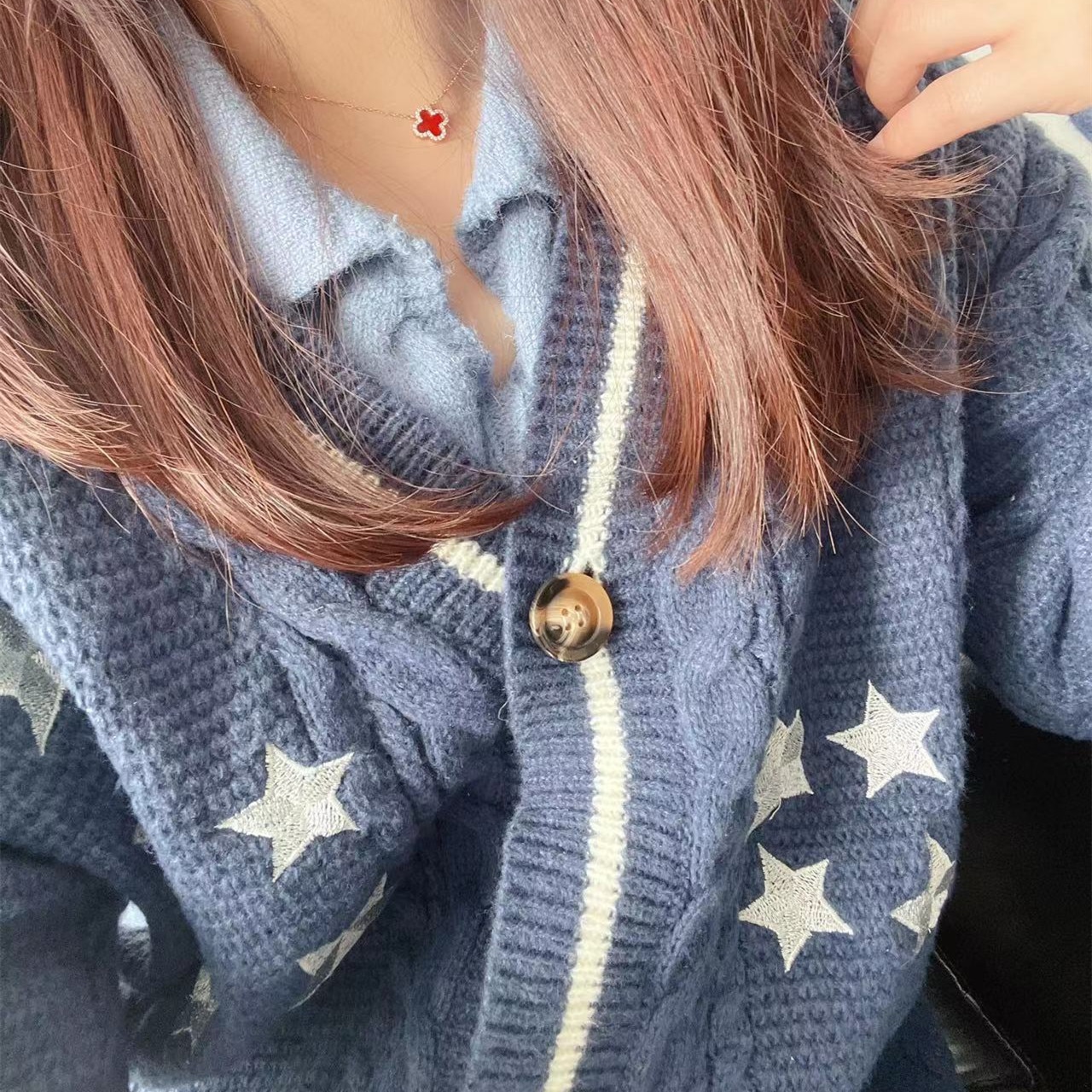 Navy Blue Handmade Tay Knitted Star Embroidery Lorswift Oversized Cardigans Luxury Women's Korean Fashion Strawberry Kintwe