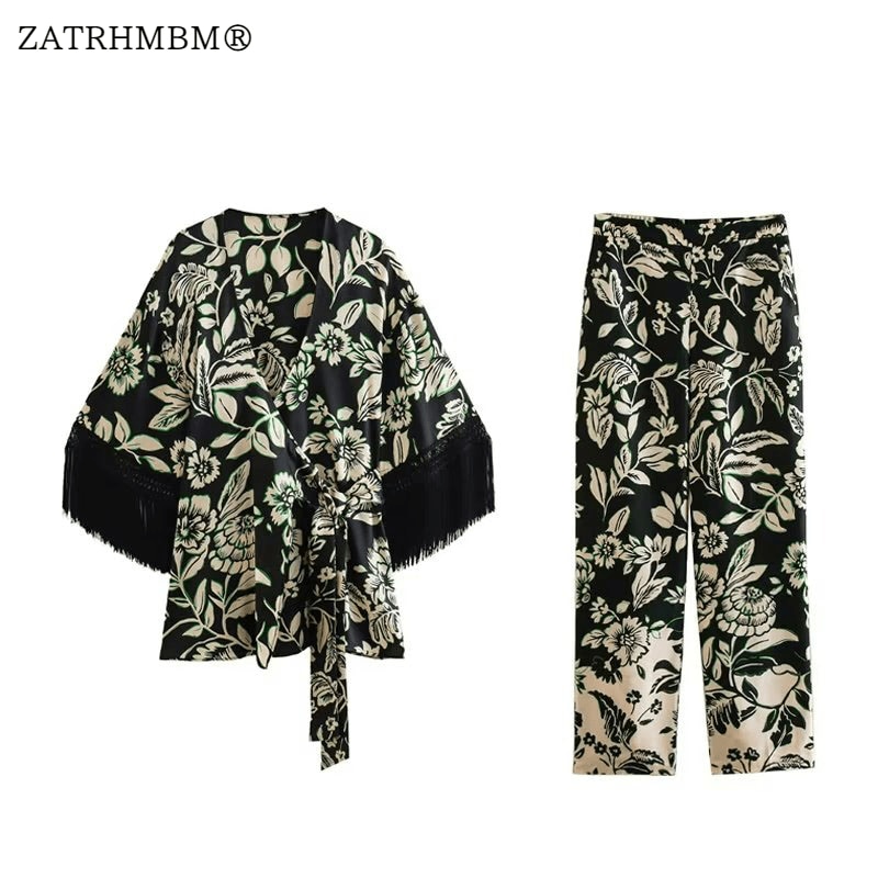 ZATRHMBM 2023 Women Clothing Fashion Long Sleeve Vintage Printing Cardigan Coat Loose Lace Up Female Outerwear Chic Overshirt