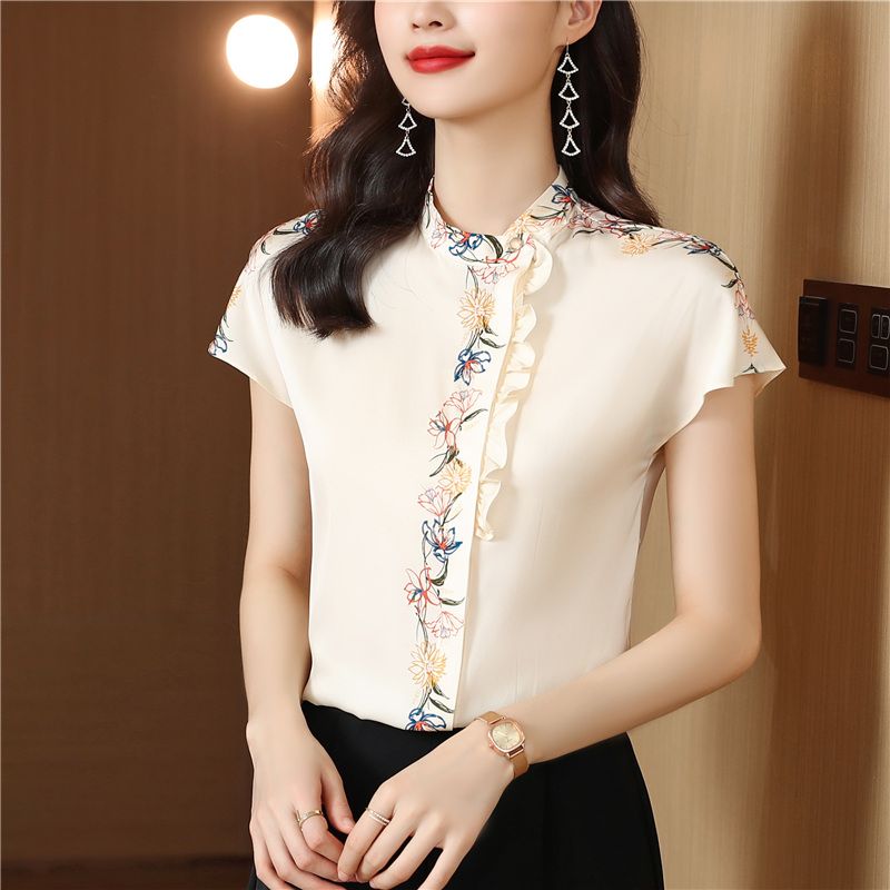 Apricot Blouse Women's Summer New Fashion Retro Print Short Sleeve Shirt Simple Silkworm Silk Imitation Top 3XL