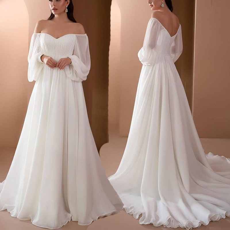 White Floor Length Evening Dresses Female 2023 Fashion Long Sleeve Off The Shoulder Wedding Party Gowns Prom Robes