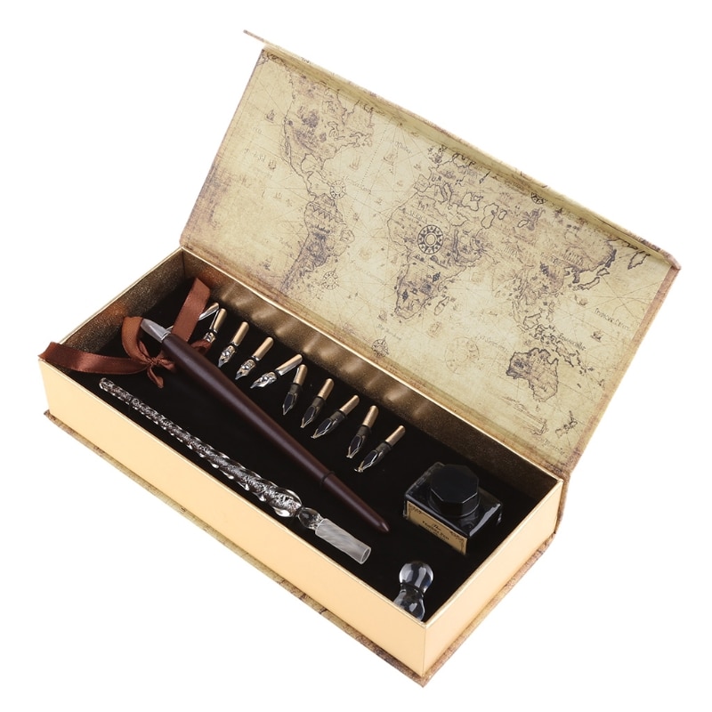 Vintage Wooden Dip Pen Set Fit for Gothic Calligraphy Art Signatures Gift for Kids Adult Pen Nibs Ink Bottles Included W3JD