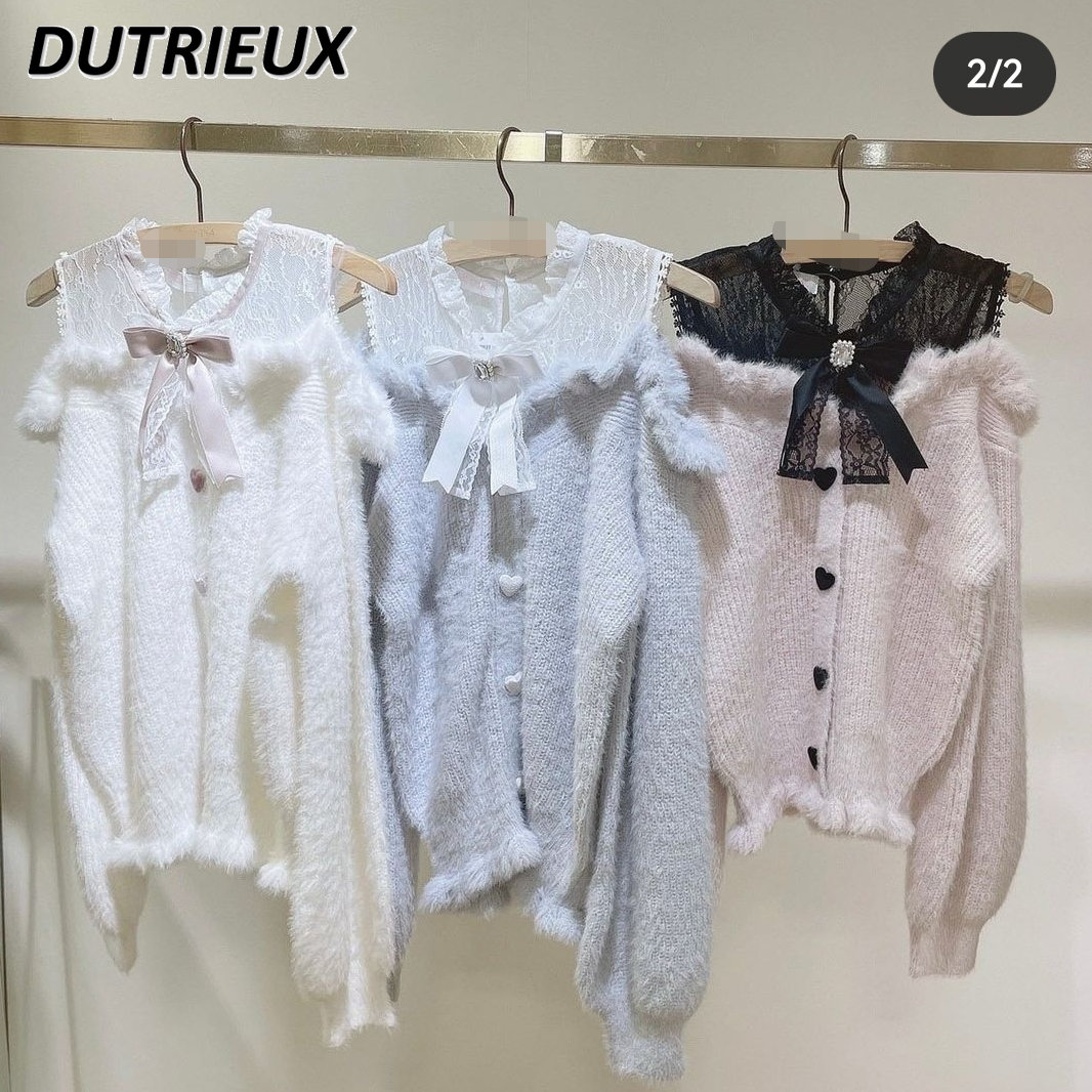 2023 Autumn and Winter Sweet Furry Off-Shoulder Sweater Japanese Style Cute Pullover Female Long Sleeve Y2K Outerwear Knitwear