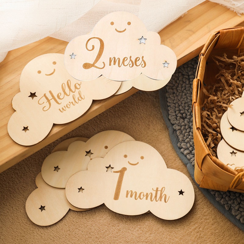 English&Spanish Wooden Baby Milestone Number Month Memorial Cards Items Cute Cloud Shape Newborn Photography Accessories Pro