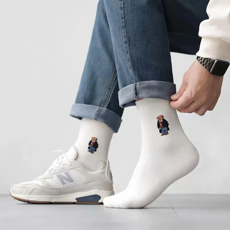 Cartoon Business Gentleman Bear Men's Socks Striped Love Cotton Harajuku Style Sport Boys Skateboard Novelty Breathable Gif
