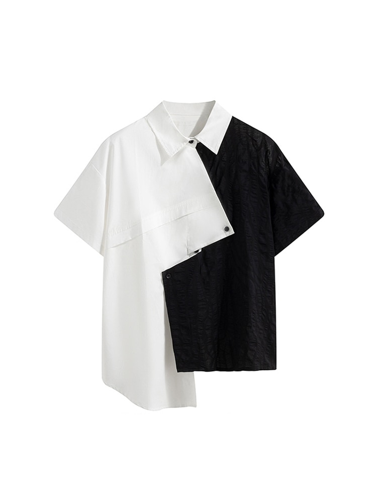 Contrast Color Patchwork Design Women Chiffon Shirt 2023 New Lapel Short Sleeve Irregular Female Blouses Vintage Asymmetric Chic