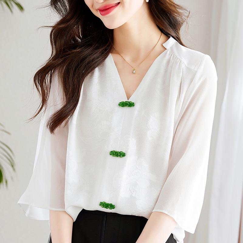 Chiffon Shirt for Women Summer 2023 New In Solid Chinese Style Blouses Loose Fashion Short Sleeve White Top V-neck