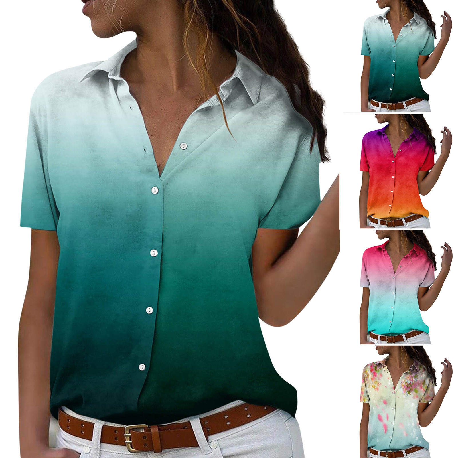 Fashion Womens Short Sleeve Pocket Button Tee Casual Popular Blouse Tops Button Down Short Baggy Chemise Vintage Elegant