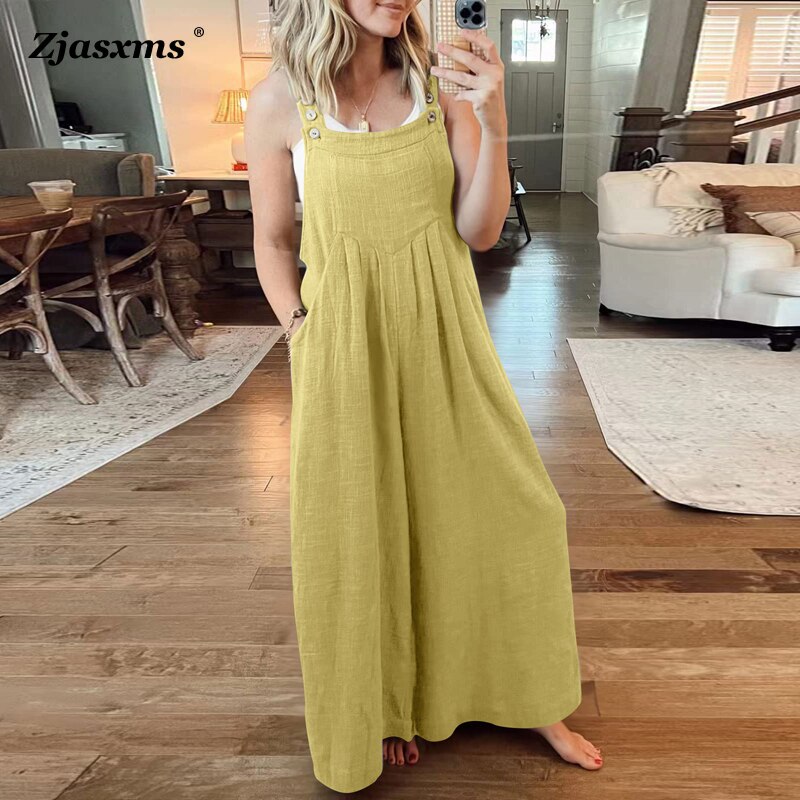 2023 Women Cotton And Linen Romper Spring Single Solid Pocket Cotton Overalls Spring Summer Loose Casual Wide-leg Pant Jumpsuit