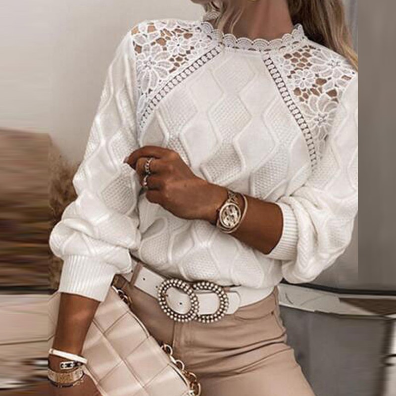 High quality loose Lace Knitting Sweater 2023 autumn new lace women Sweater fashion casual round neck long sleeve women Sweate