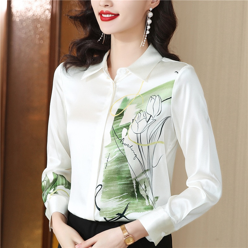 Satin Silk Flower Shirts Women Blouses Long Sleeve Top Fashion Ladies Work Shirt Spring Summer Female Clothing Blusas Para Mujer