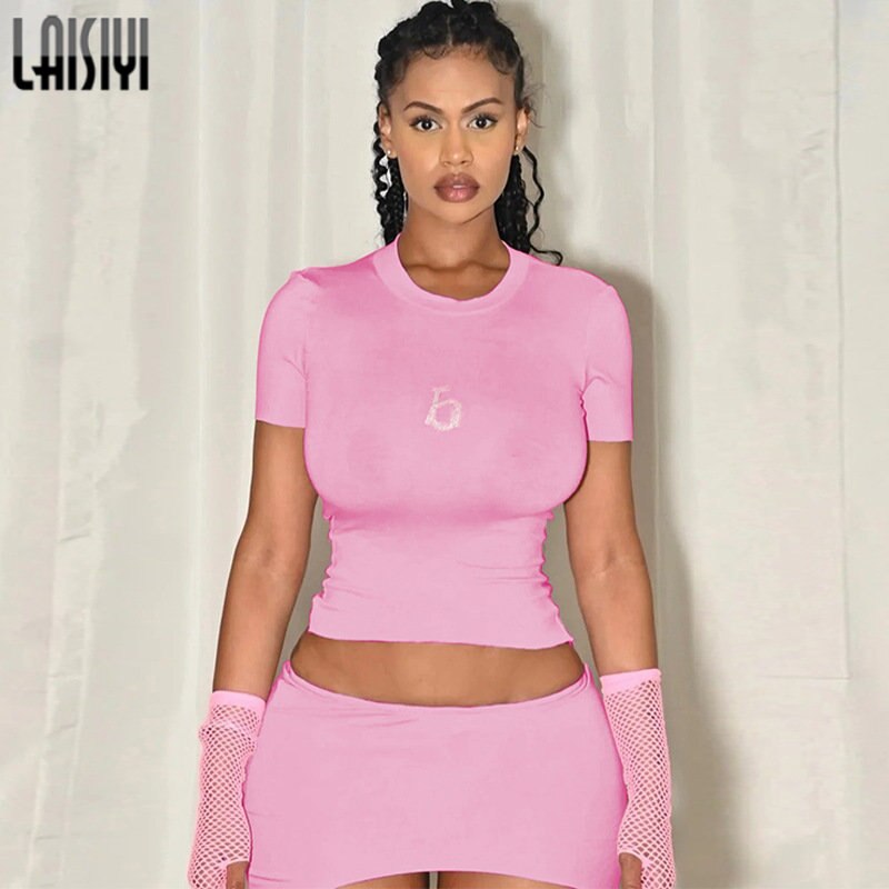 2 Piece Sets Womens Outfits Letter Rhinestone Crop Tops Short Sleeve T Shirts and Mini Skirt Slim Y2k Streetwear Pink Dress Sets