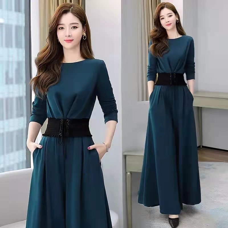 Women's Evening Overalls High Waist Long Sleeve Wide Leg Pants Two-Piece Casual Pants Set Solid Women's Wear